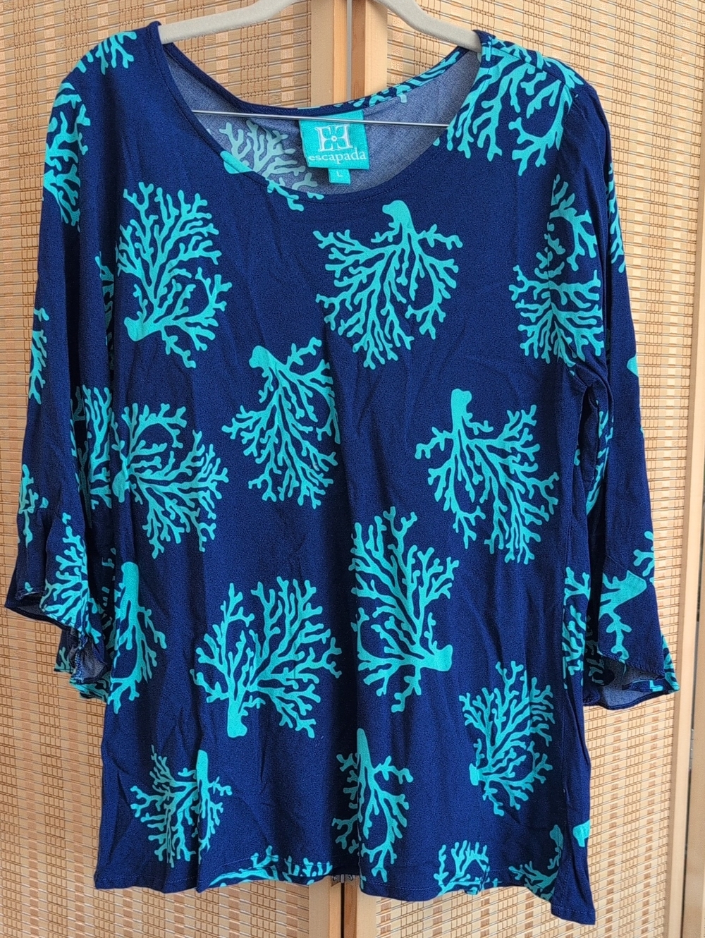 Escapada Navy Long-Sleeve Top with Teal Coral Motif